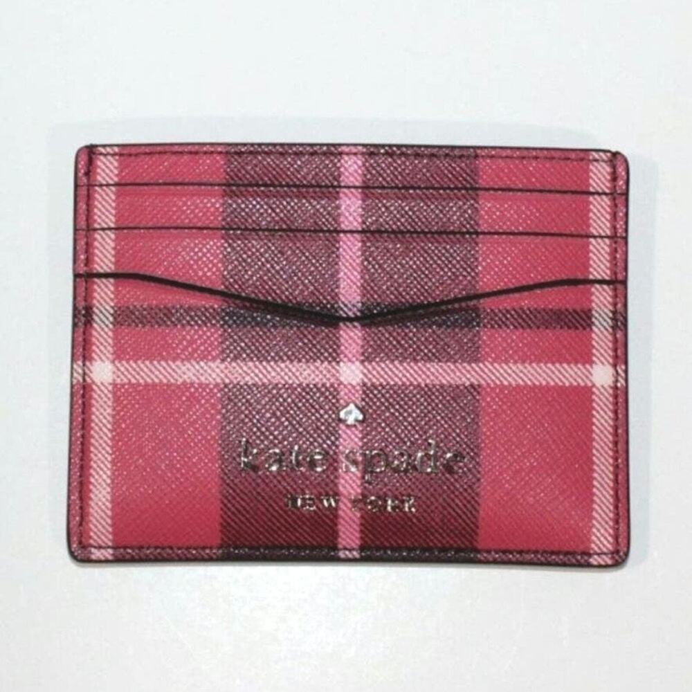 KATE SPADE SLIM CARD HOLDER CASE "STACI" BRIGHT ROSE RED & BLACK PLAID NEW